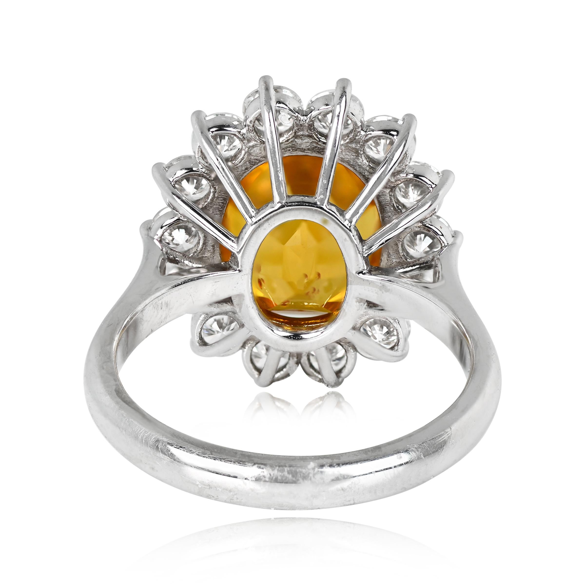 Art Deco AGL 5.46ct Oval Cut Yellow Sapphire Cocktail Ring, Diamond Halo, 18k White Gold For Sale
