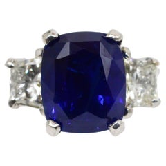 AGL 6.46 Carat Ceylon "Heat" Cornflower Blue Sapphire Three-Stone Diamond Ring