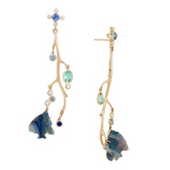 AGL 6.61 Carats Boulder Opal Fish with 4.59 Carats Diamond and Gem Earrings 18K