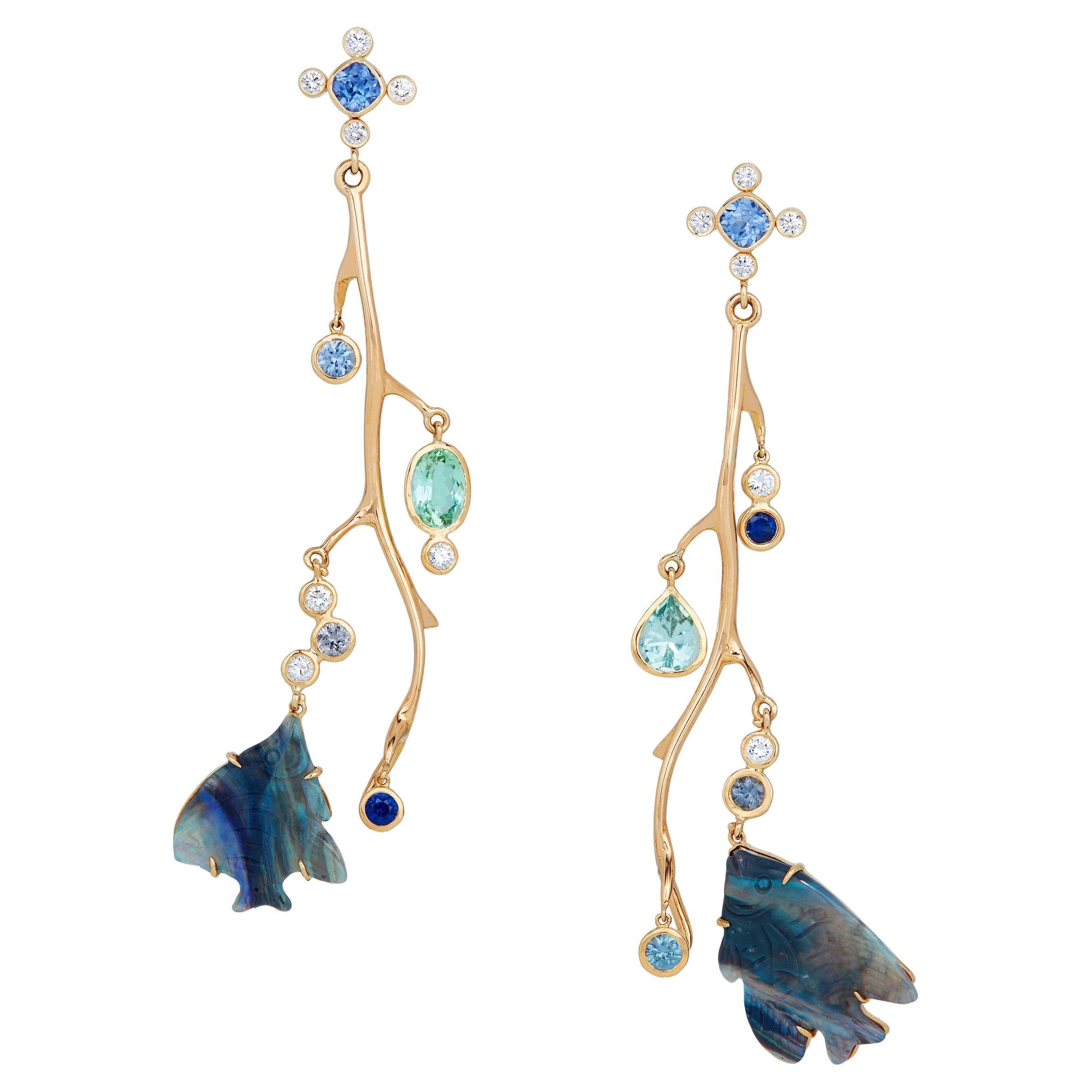 AGL 6.61 Carats Boulder Opal Fish with 4.59 Carats Diamond and Gem Earrings 18K For Sale