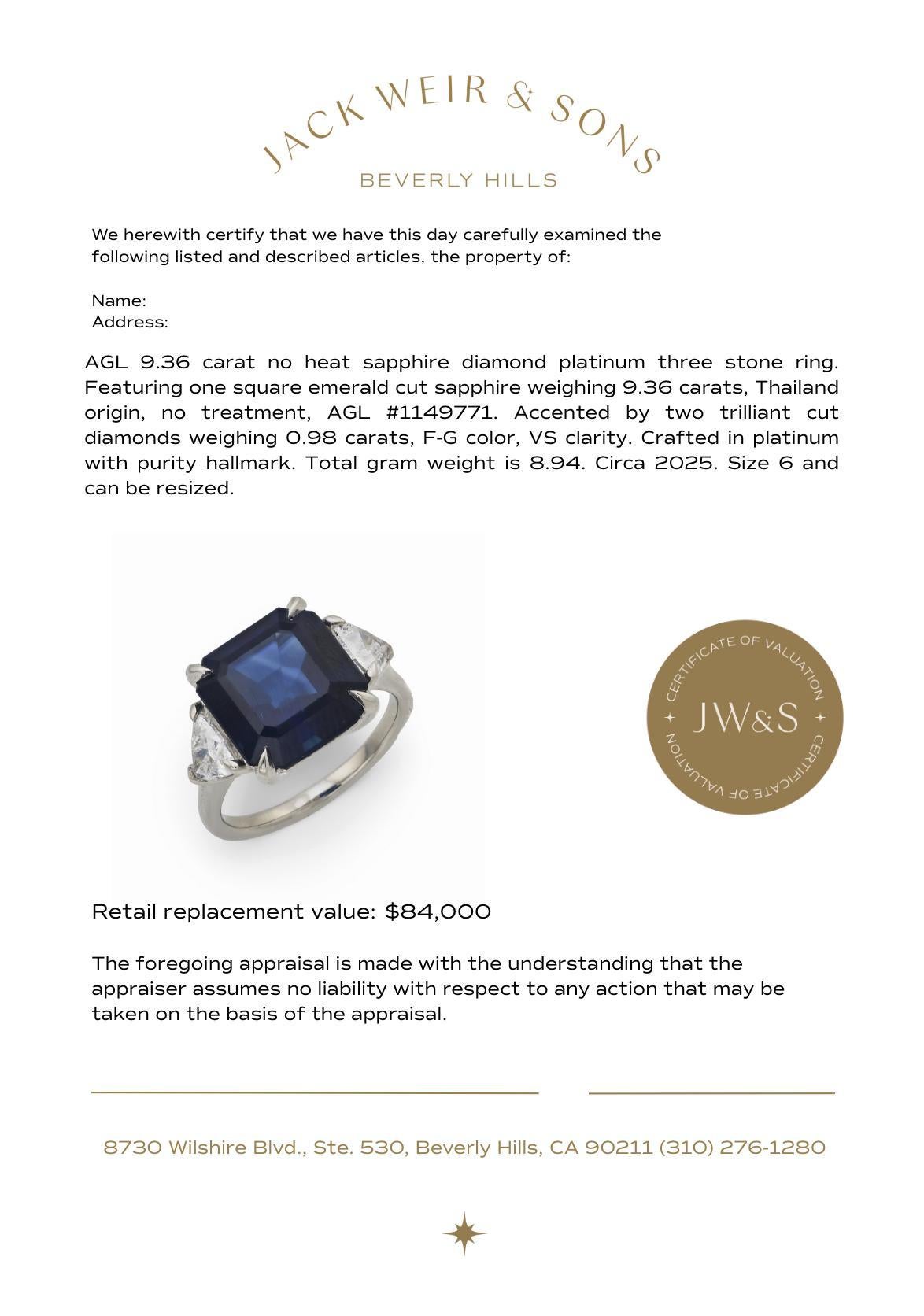 AGL Bague trois pierres 9,36 carats saphir non chauffé diamant platine en vente 3