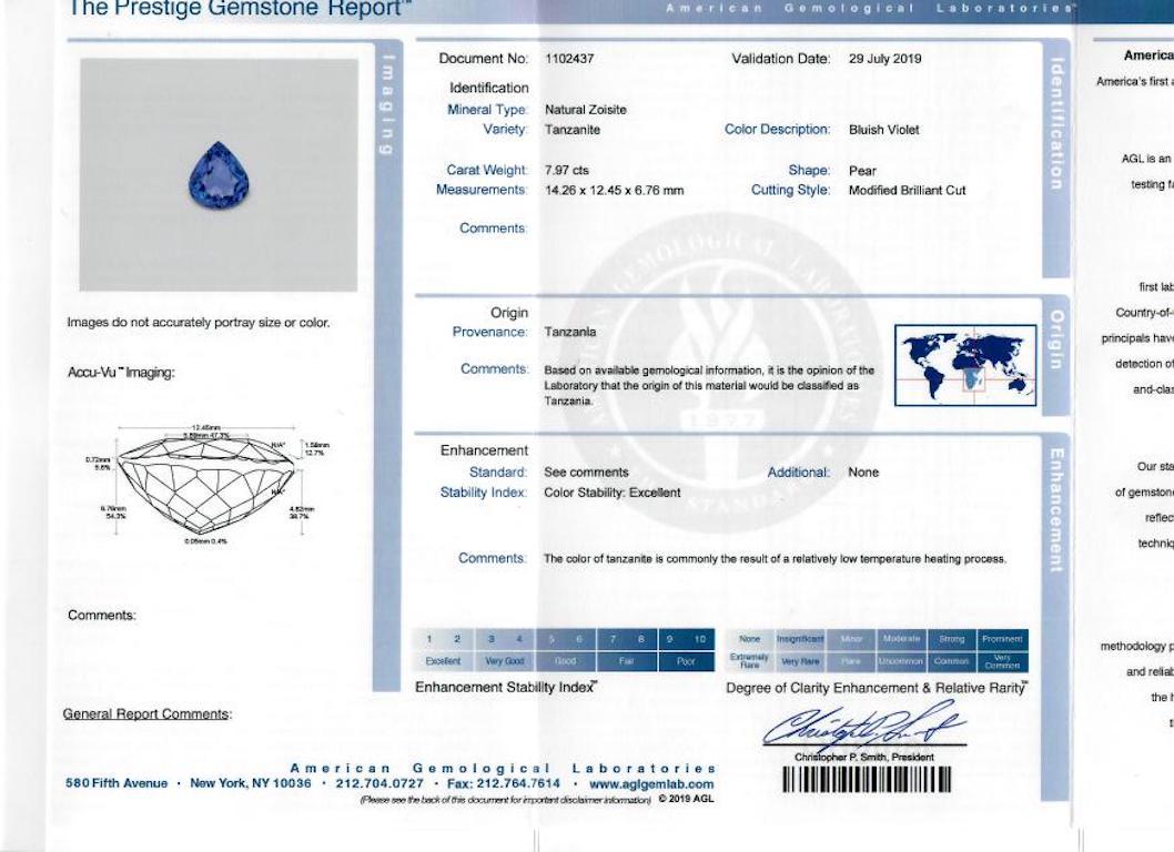 Bague en platine avec tanzanite en forme de poire de 9,48 carats certifiée AGL et diamants Unisexe en vente