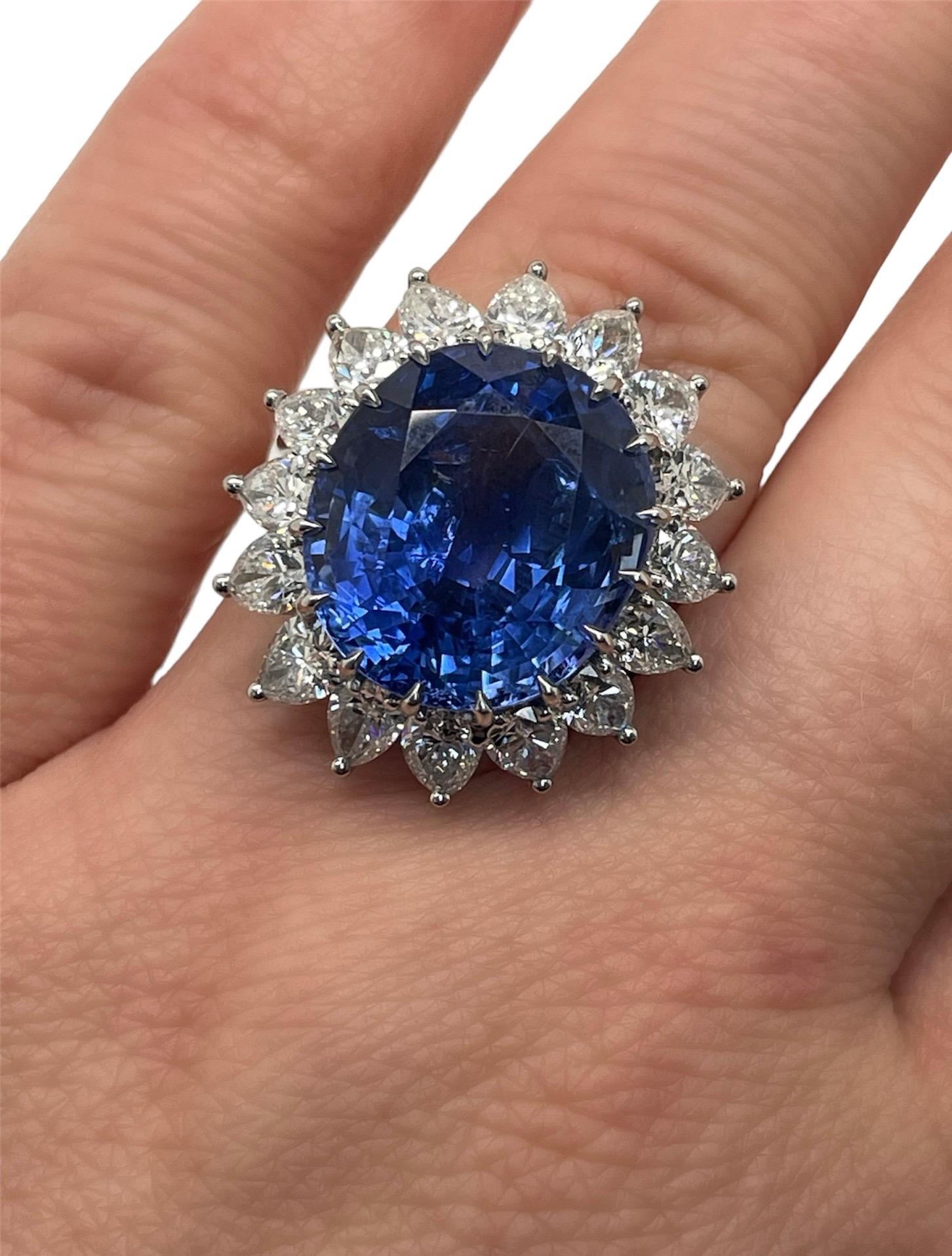 Oval Cut AGL and GIA Certified 20.36 Carat Sapphire and Diamond Ring For Sale
