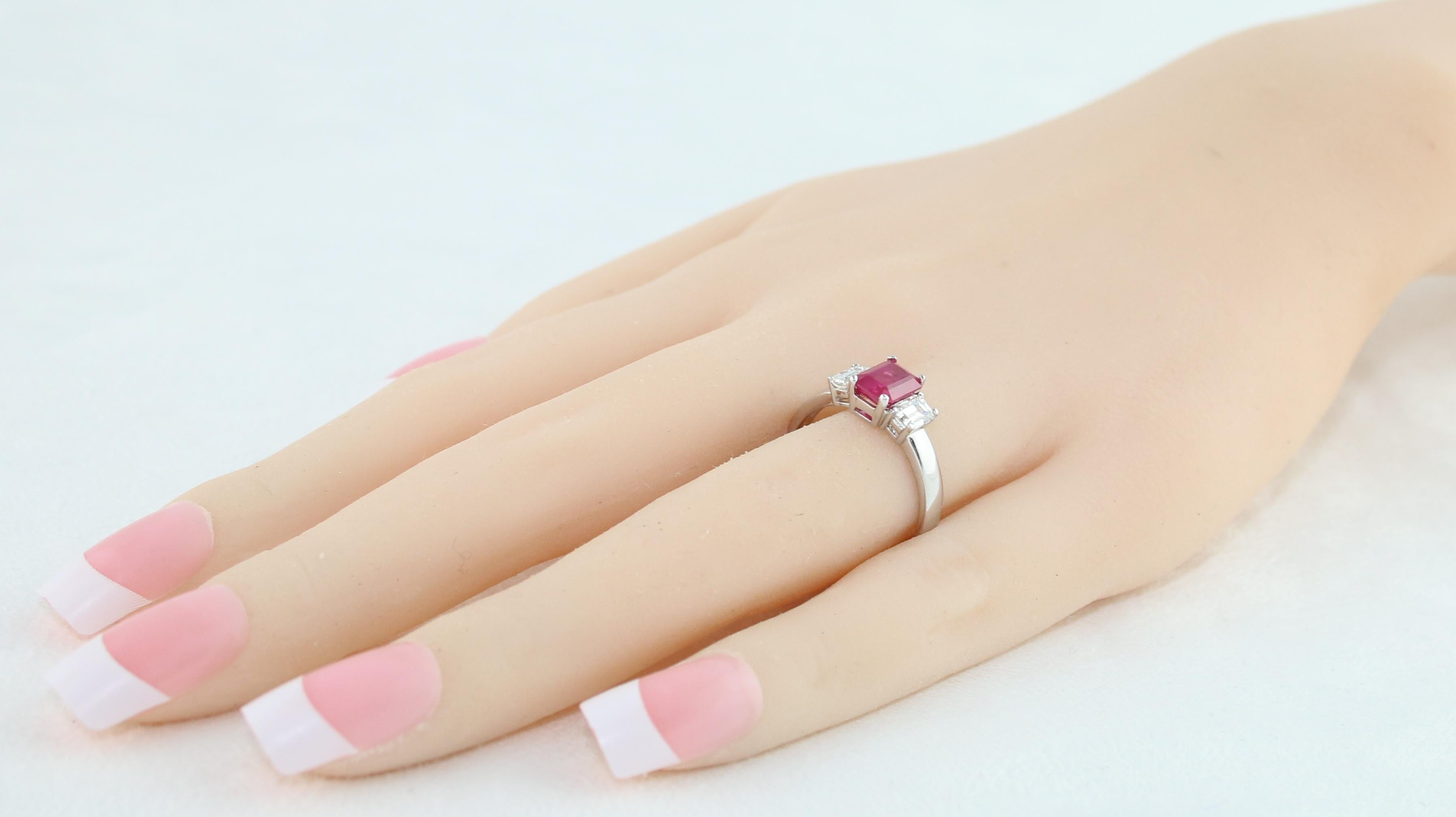Emerald Cut AGL and IGI Certified 1.27 Carat Burma Ruby Three-Stone Diamond Gold Ring For Sale