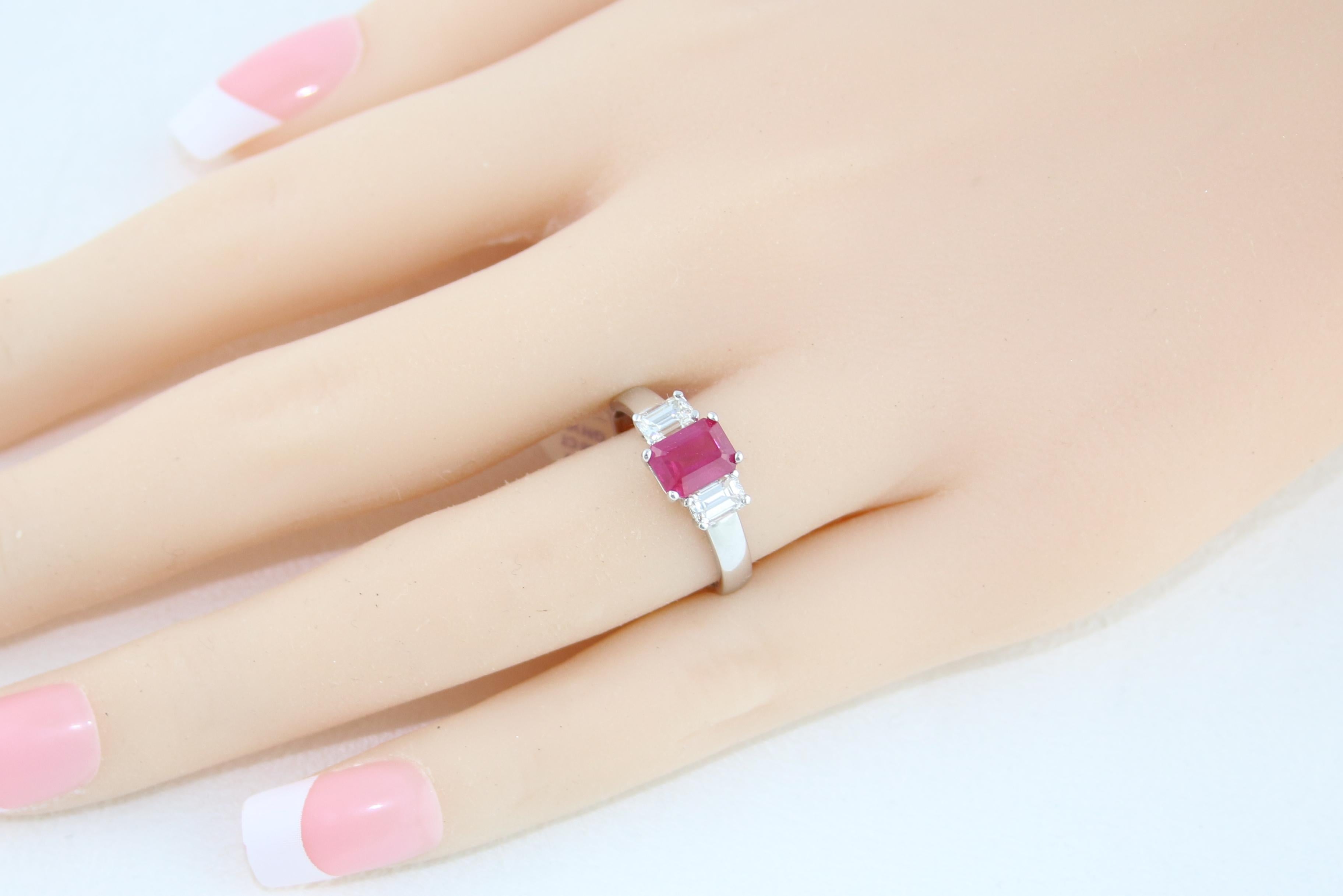 Women's AGL and IGI Certified 1.27 Carat Burma Ruby Three-Stone Diamond Gold Ring For Sale