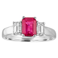 Bague en or à trois pierres avec diamants et rubis de Birmanie certifié AGL et IGI de 1,27 carat