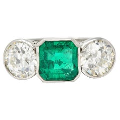 AGL Art Deco 5.02 Carats Colombian Emerald Diamond Platinum Three Stone Ring