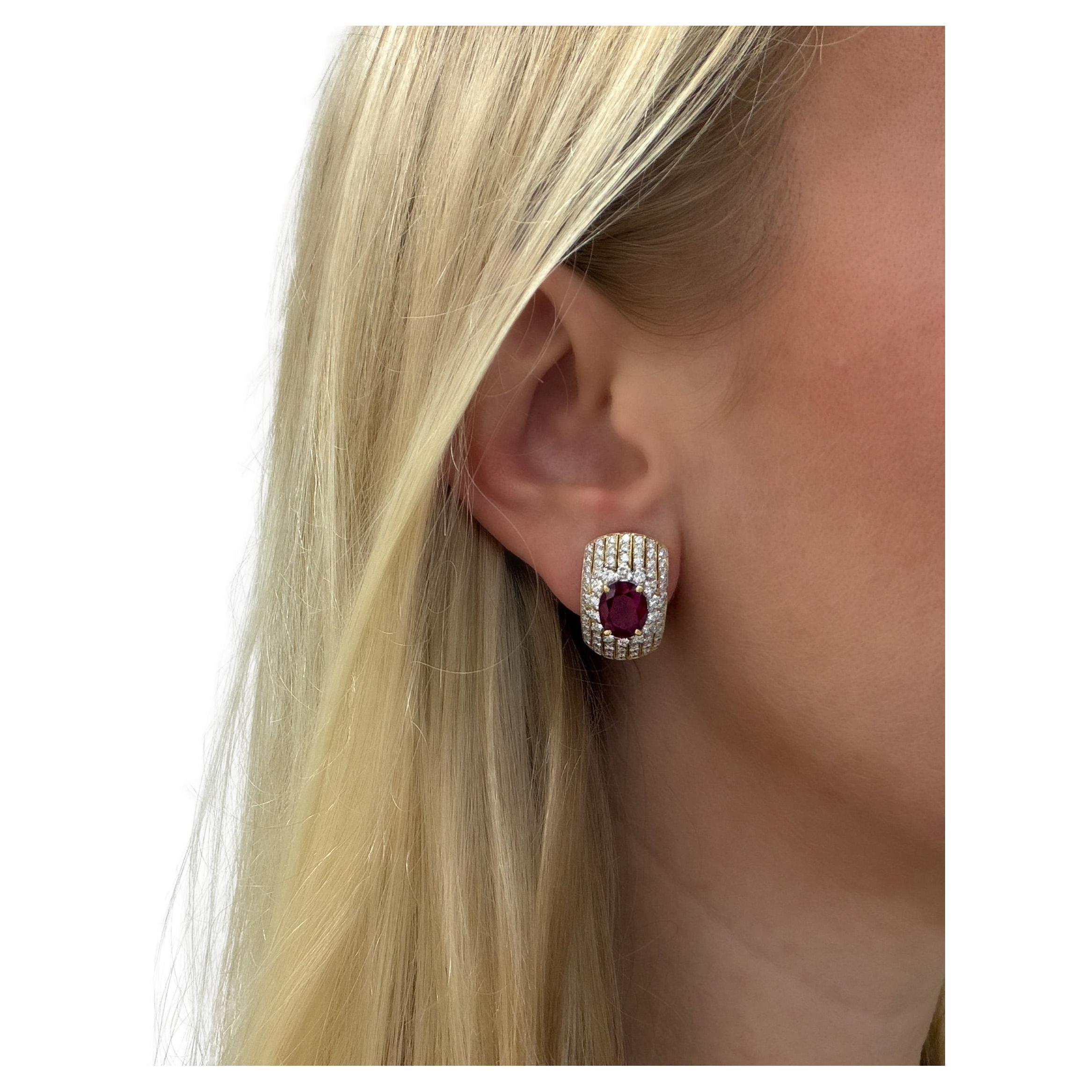 AGL Burma Ruby and Diamond Earrings 18 Karat Yellow Gold For Sale