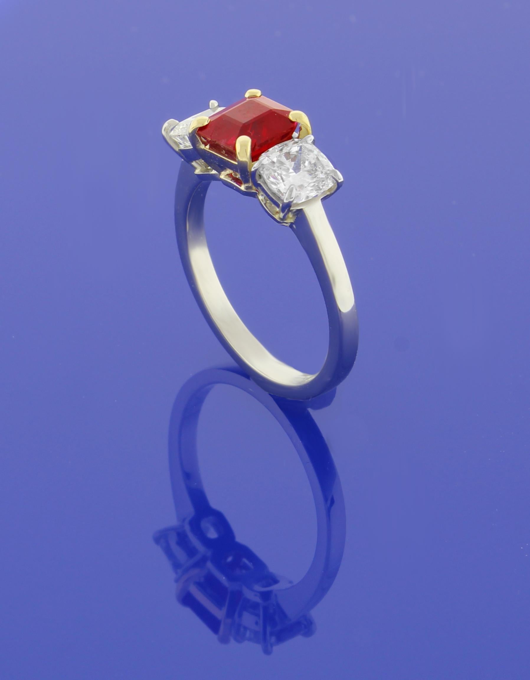 Emerald Cut A.G.L. Burma Ruby and Diamond Thee-Stone Ring, by Pampillonia For Sale