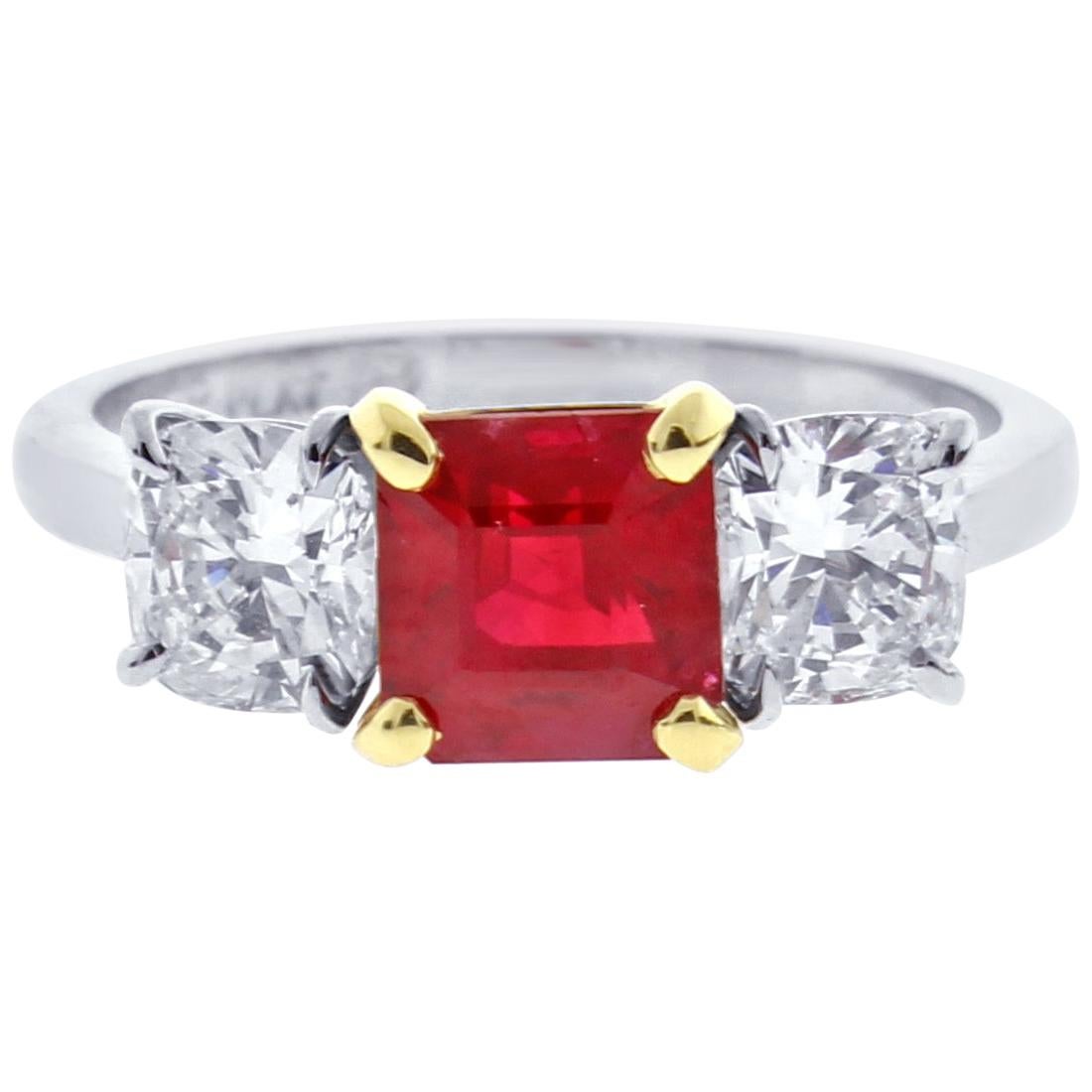 A.G.L. Burma Ruby and Diamond Thee-Stone Ring, by Pampillonia For Sale