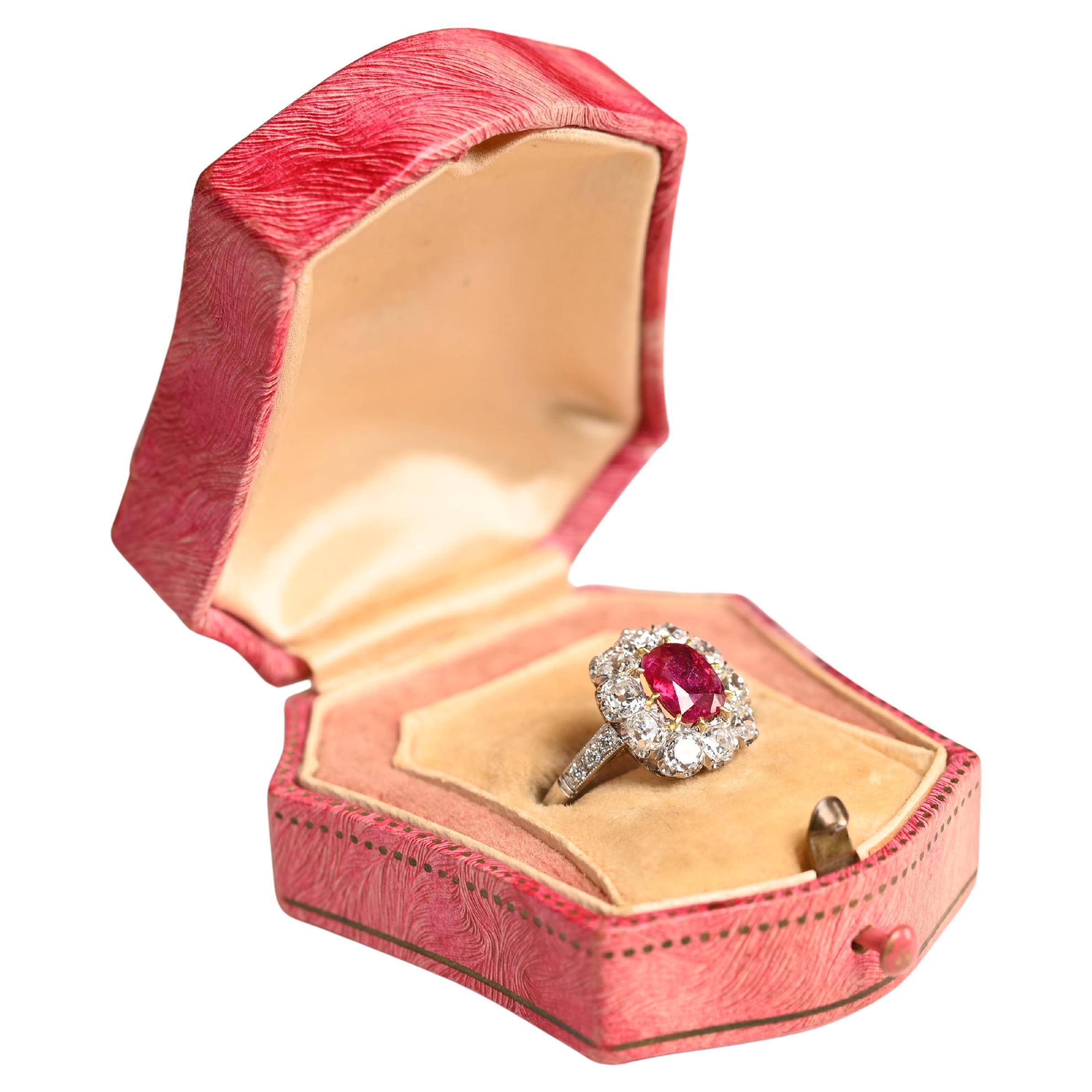 No Heat Burma Ruby Ring. AGL 1.40ct Cushion Cut Ruby Diamond Platinum Gold Ring For Sale