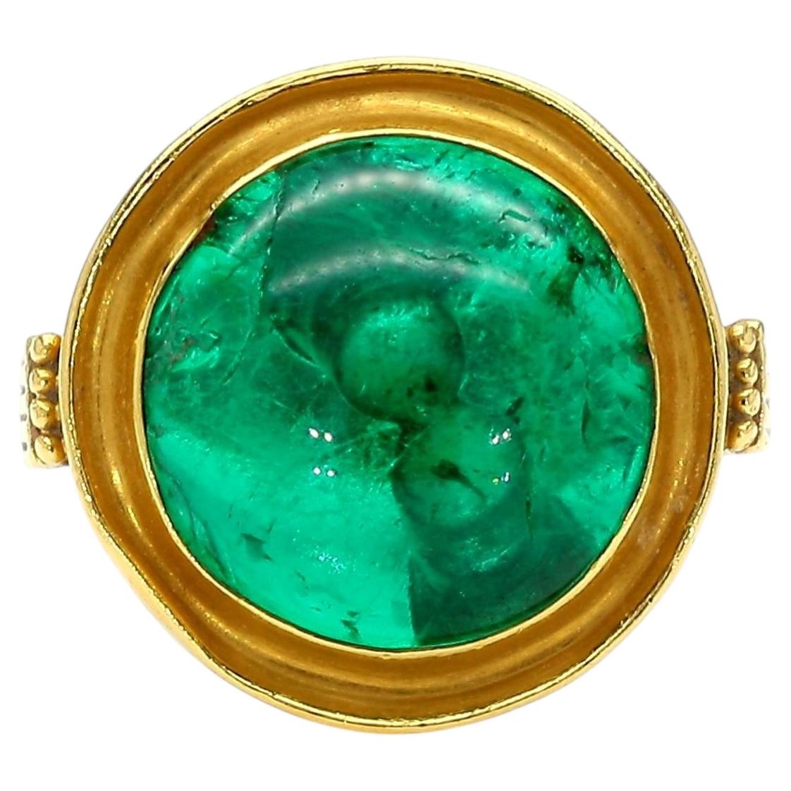 AGL Cert. 10ct Colombian Emerald Cabochon Bezel Gold Egyptian Revival Ring