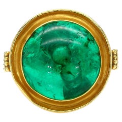 AGL Cert. 10ct Colombian Emerald Cabochon Bezel Gold Egyptian Revival Ring