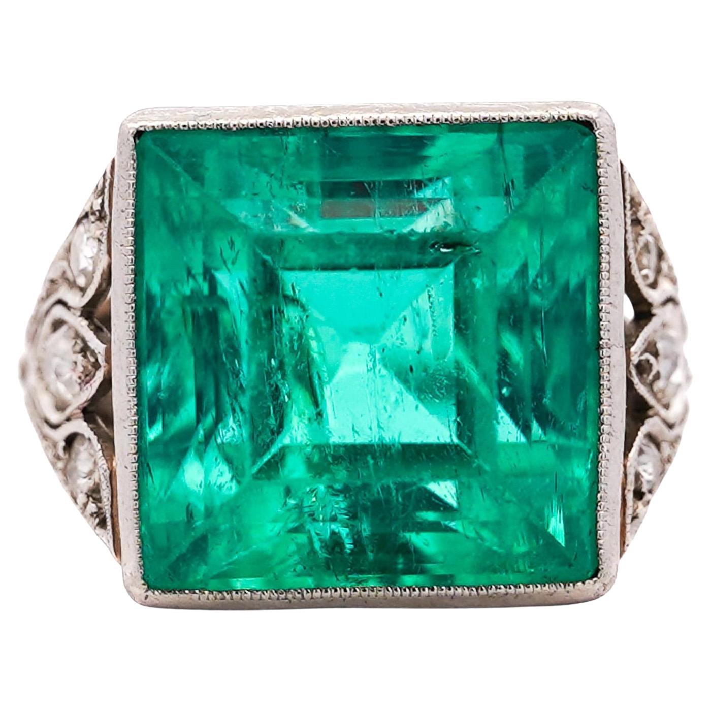 AGL Cert. 12 Carat Colombian Emerald Art Deco Antique Platinum Ring