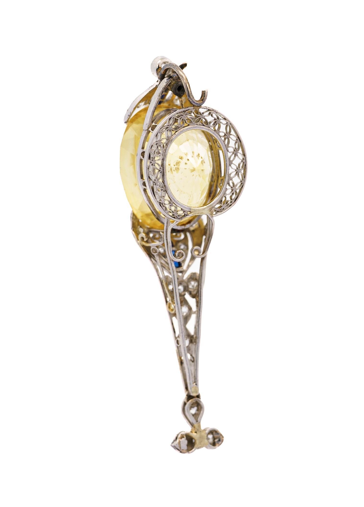 AGL Cert. 20 Carat No Heat Ceylon Yellow Sapphire Art Deco PT Filigree Pendant For Sale 5