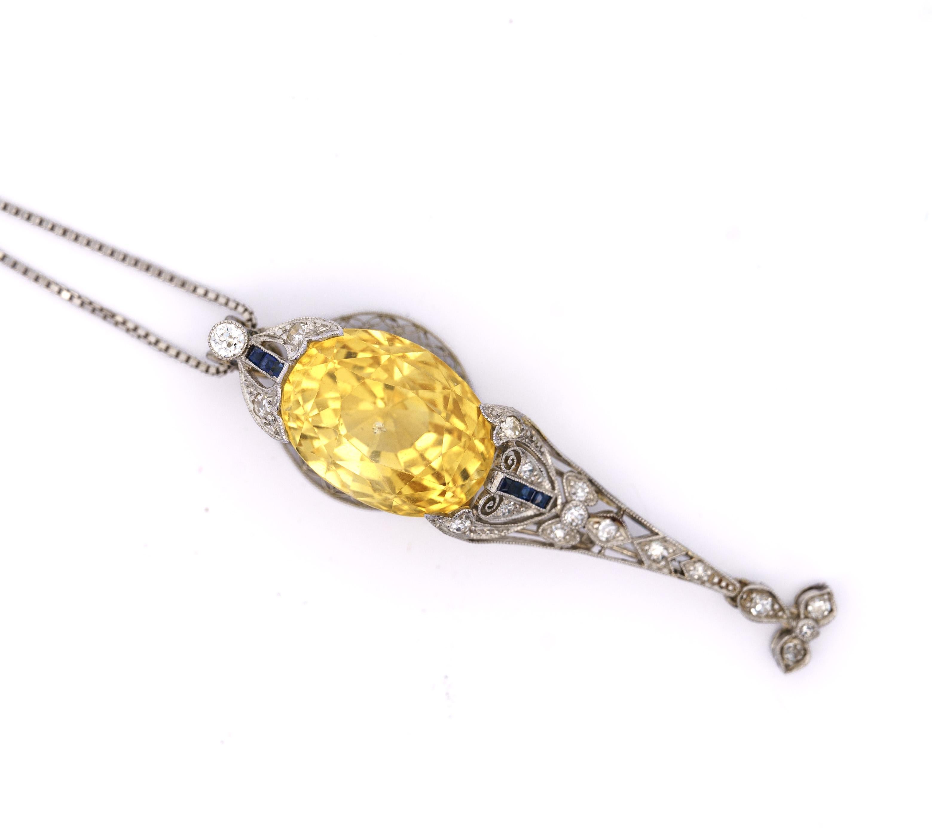 AGL Cert. 20 Carat No Heat Ceylon Yellow Sapphire Art Deco PT Filigree Pendant For Sale 6