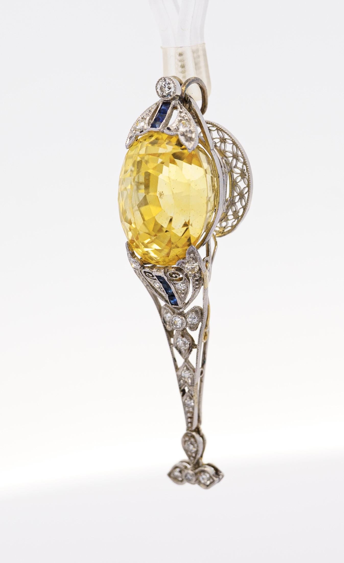 AGL Cert. 20 Carat No Heat Ceylon Yellow Sapphire Art Deco PT Filigree Pendant For Sale 1