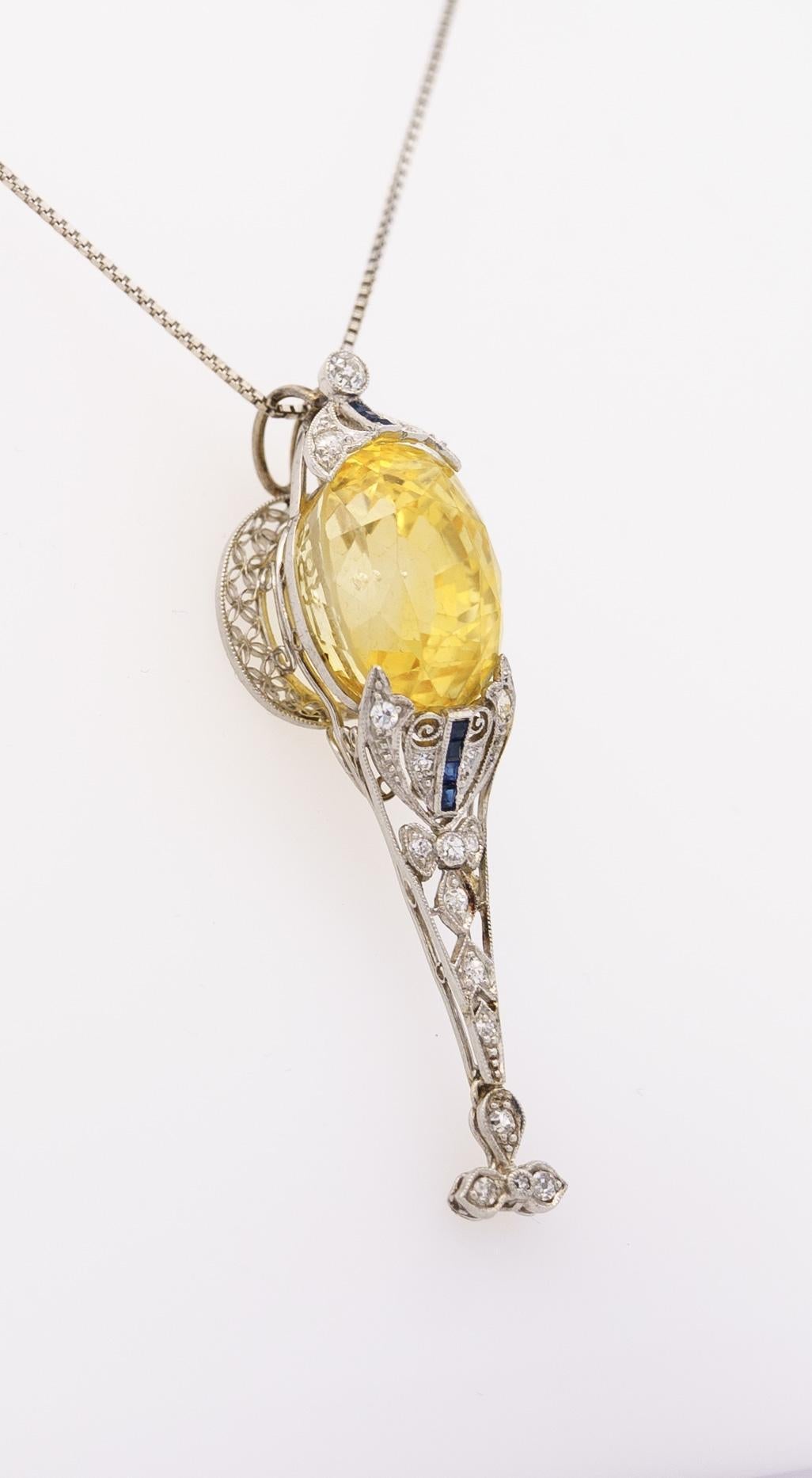 AGL Cert. 20 Carat No Heat Ceylon Yellow Sapphire Art Deco PT Filigree Pendant For Sale 2