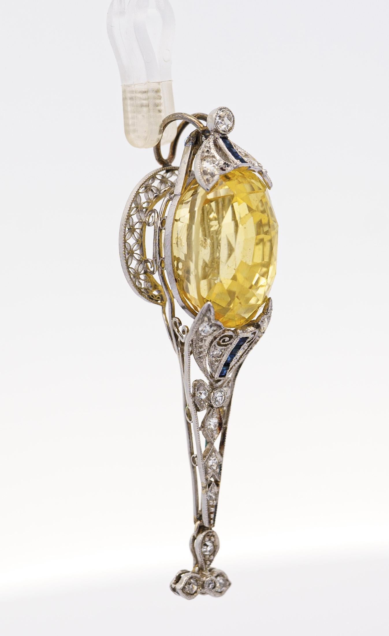 AGL Cert. 20 Carat No Heat Ceylon Yellow Sapphire Art Deco PT Filigree Pendant For Sale 4