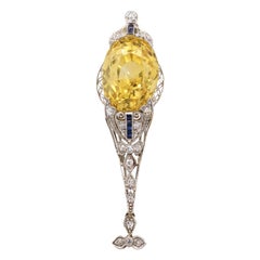 AGL Cert. 20 Carat No Heat Ceylon Yellow Sapphire Art Deco PT Filigree Pendant