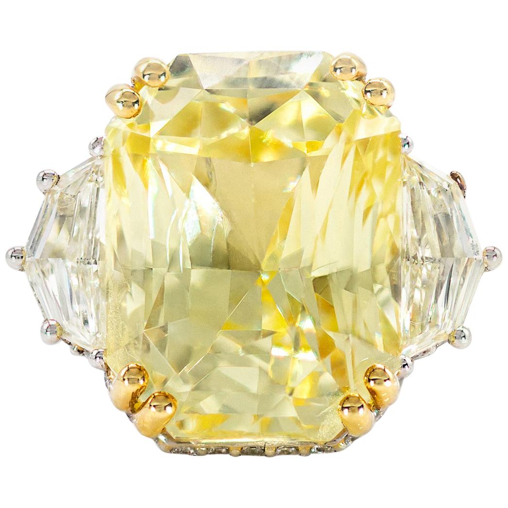 AGL Cert 22.14 Carat No Heat Radiant Cut Yellow Sapphire, Diamond Ring Platinum  For Sale
