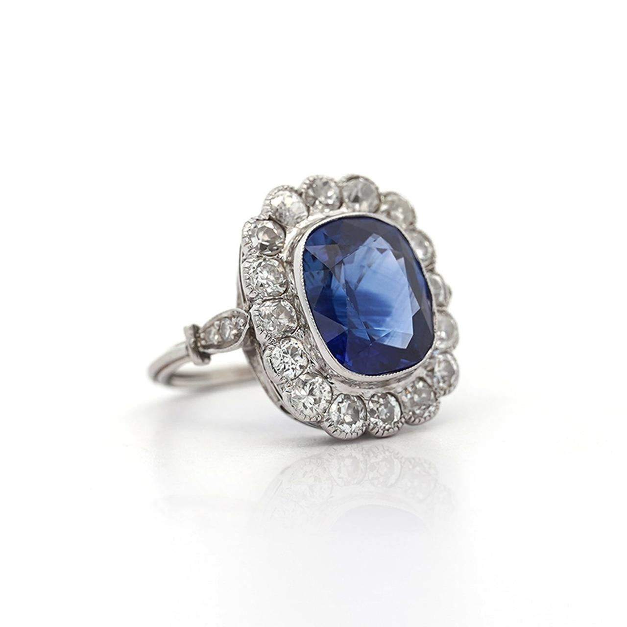 AGL-Bescheinigung. 5 Karat Ceylon Blauer Saphir Art Deco Ära Platin Diamant Ring im Angebot 5