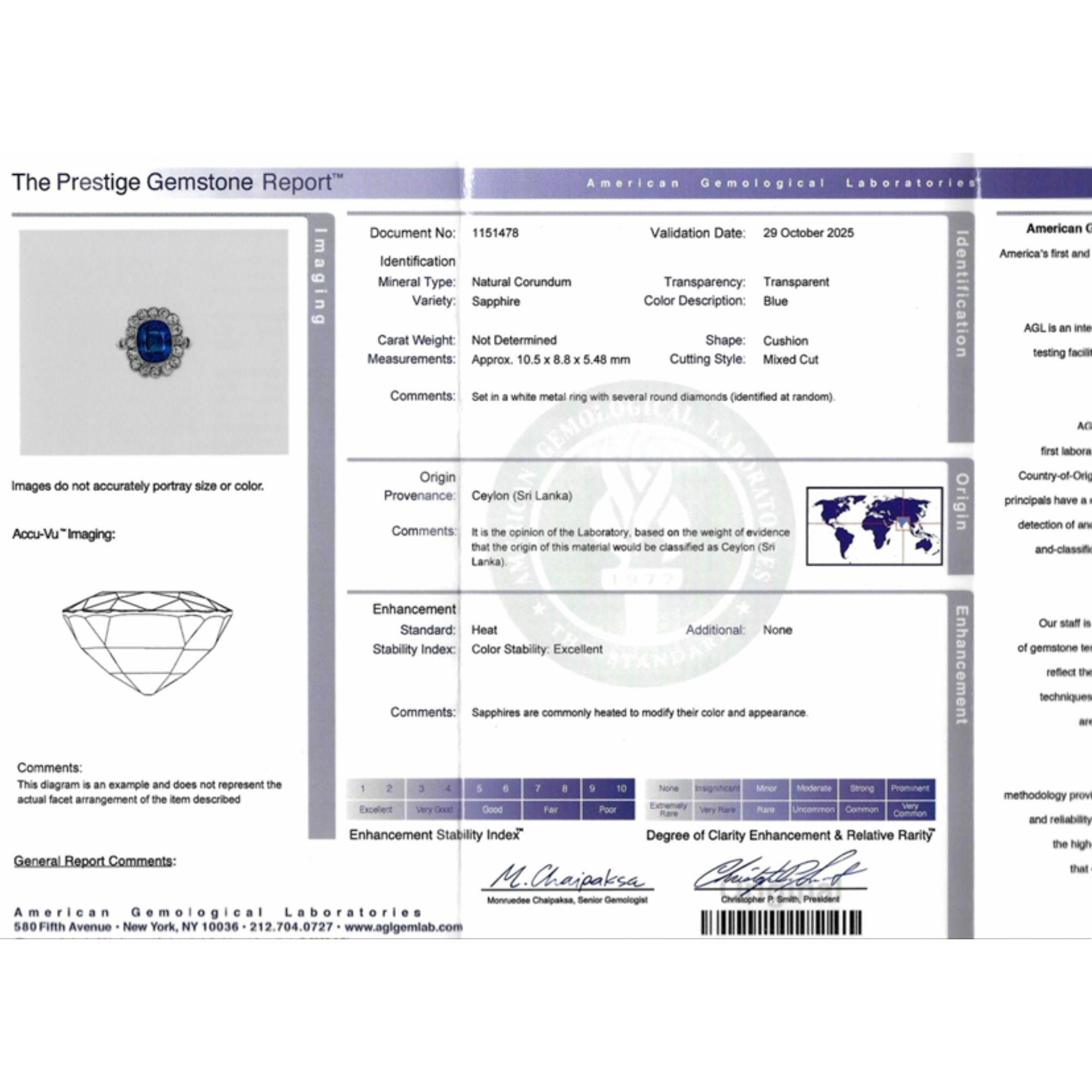 AGL-zertifizierter 5-karätiger blauer Ceylon-Saphir im Kissenschliff in einem Art-Deco-Ring aus Platin mit Halo und filigranen Schultern aus Diamanten im alten europäischen Schliff. Ring Größe 4,5, verstellbar. Mit detaillierten