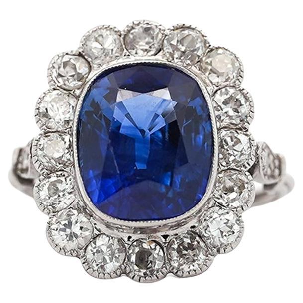 AGL Cert. 5 Carat Ceylon Blue Sapphire Art Deco Era Platinum Diamond Ring