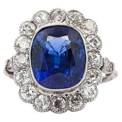 AGL Cert. 5 Carat Ceylon Blue Sapphire Art Deco Era Platinum Diamond Ring