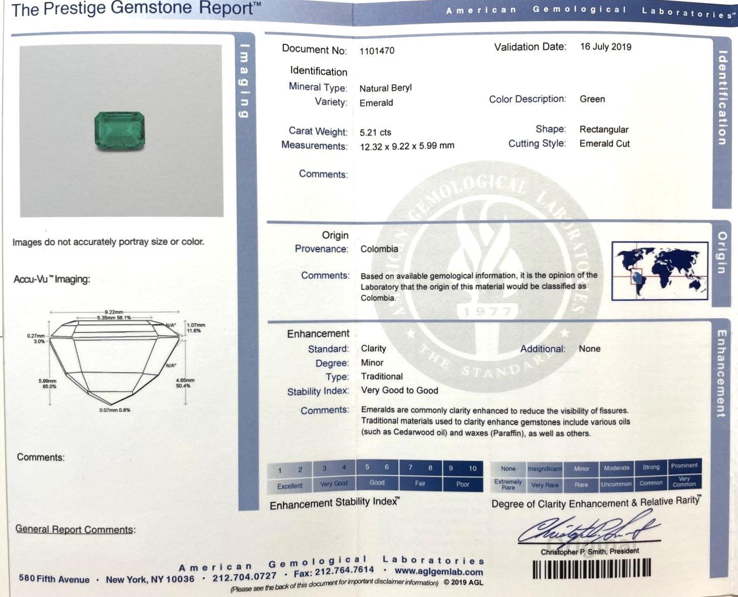AGL certified minor oil emerald cut Colombian emerald set on a half bezel east-west setting and a tapered diamond shank.

A bold unisex statement ring featuring with a vivid green 5.21 carat emerald-cut Colombian emerald. Crafted in solid 18K yellow