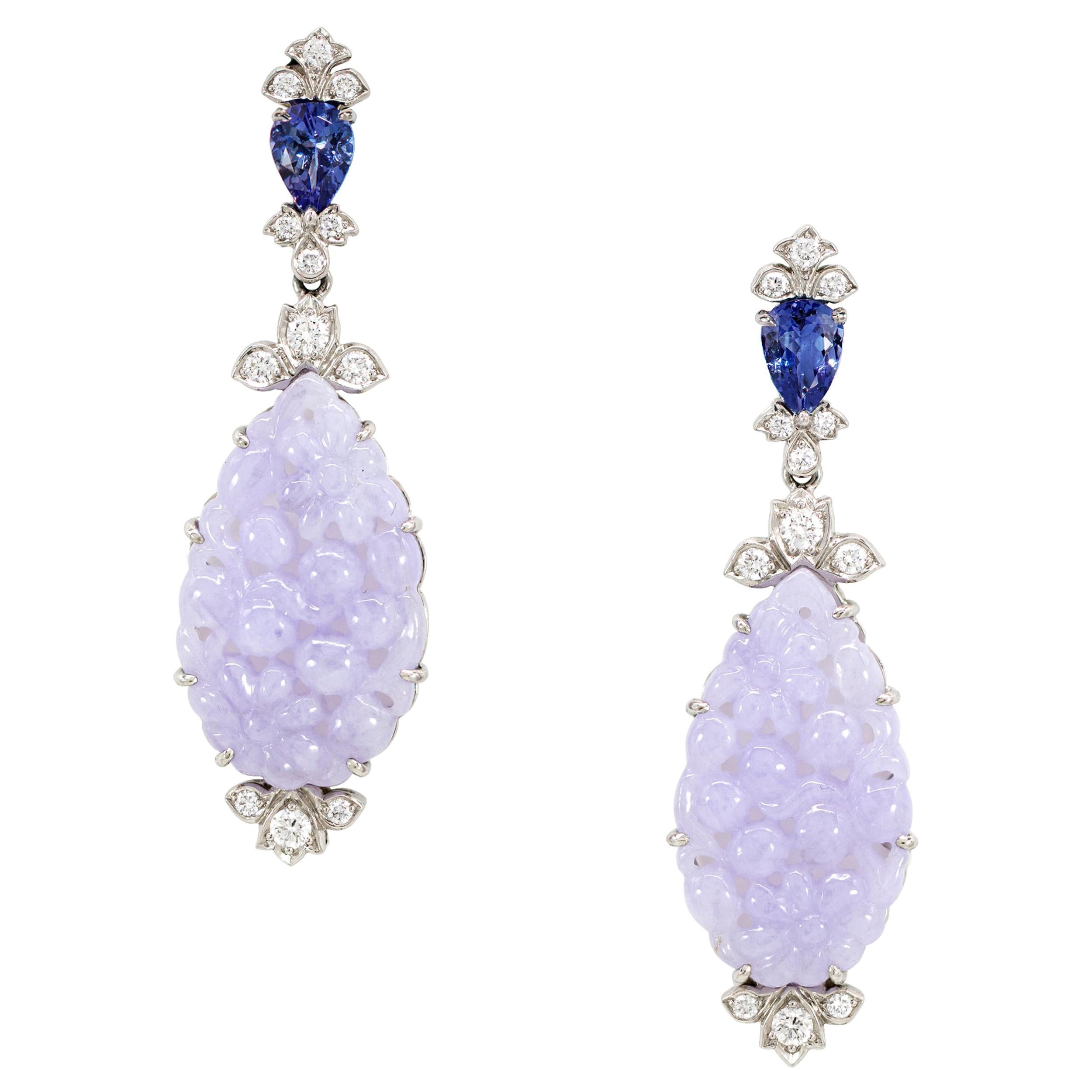 AGL 24.49 Carats Lavender Jadeite, Tanzanite, and Diamond Earrings - Detachable For Sale