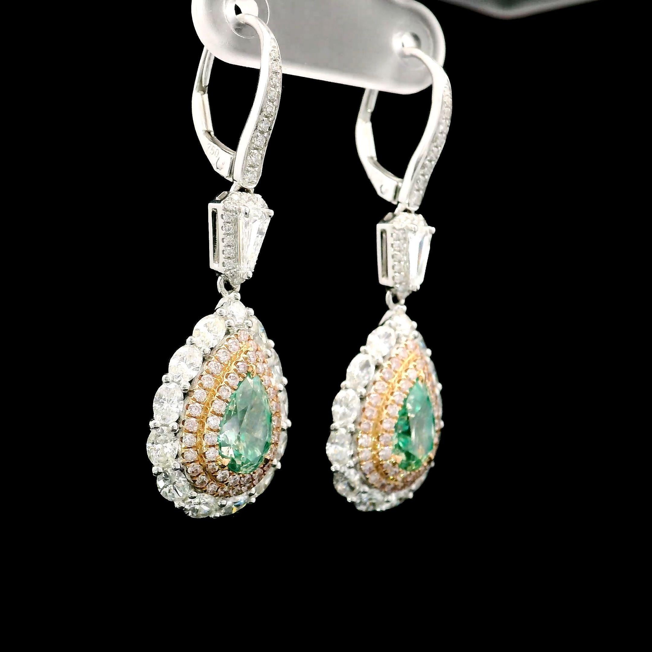 Pear Cut AGL Certifed 2.00 Carat Fancy Green VS / SI Clarity Diamond Earrings For Sale