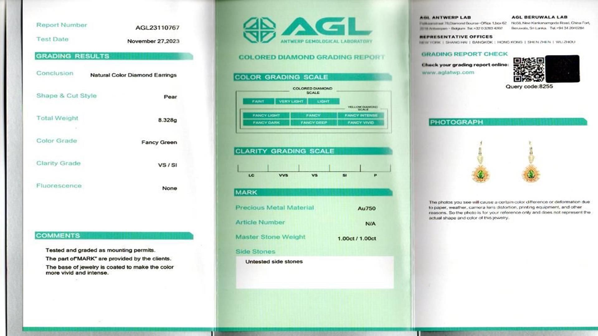 AGL Certifed 2.00 Carat Fancy Green VS / SI Clarity Diamond Earrings For Sale 3