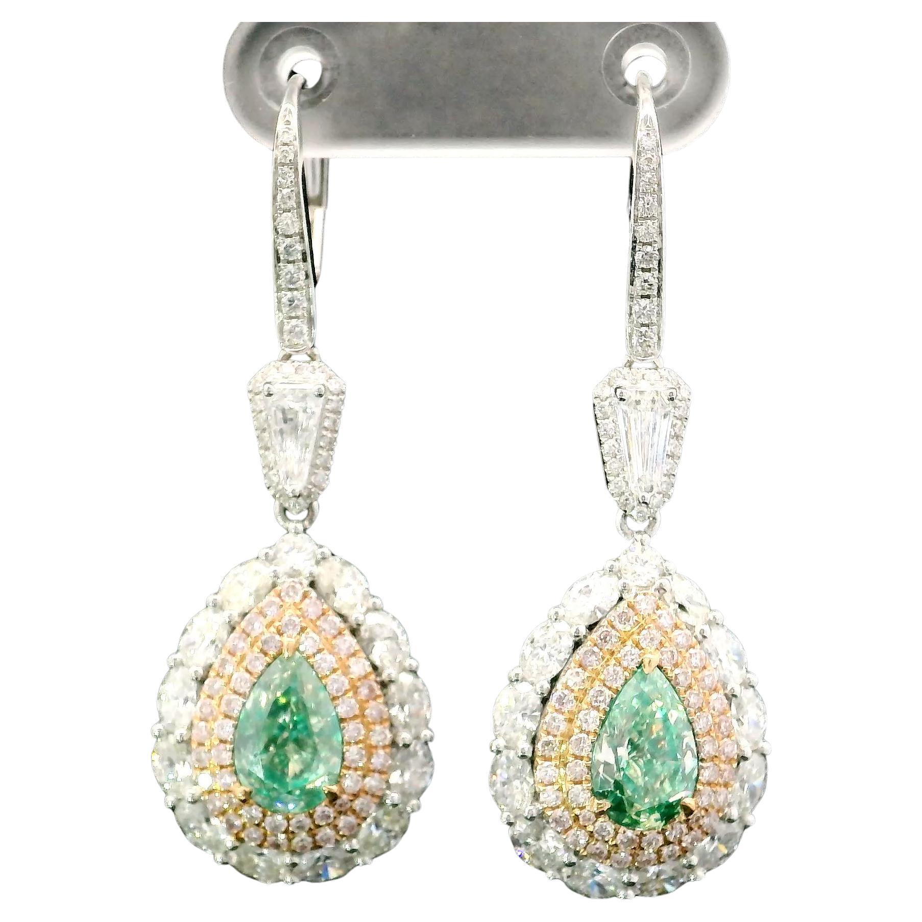 AGL Certifed 2.00 Carat Fancy Green VS / SI Clarity Diamond Earrings