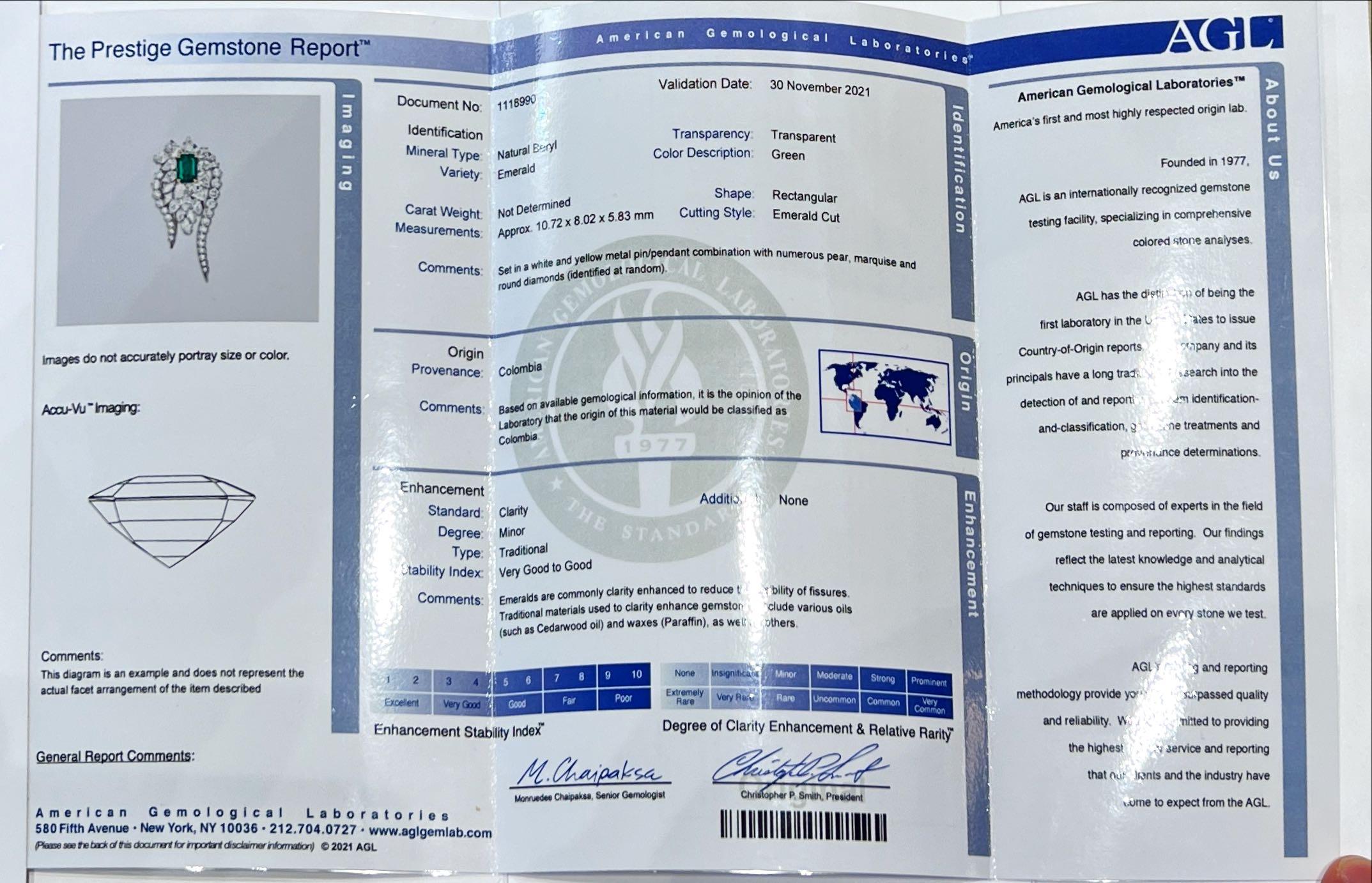 Bvlgari Emerald and Diamond Brooch/Pendent AGL Certificate  1