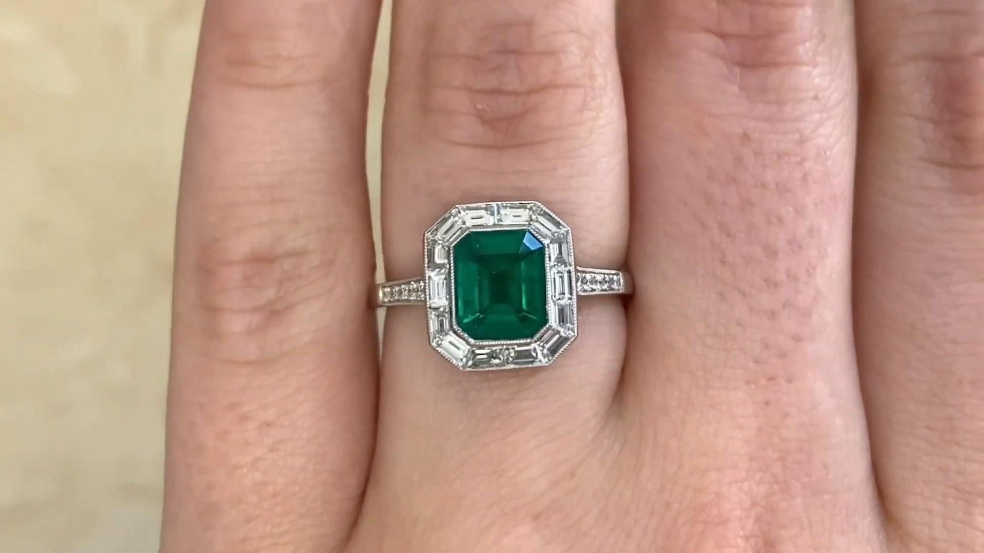 Art Deco Colombian Emerald Engagement Ring (AGL Approx. 1.00-Carats), Diamond Halo For Sale