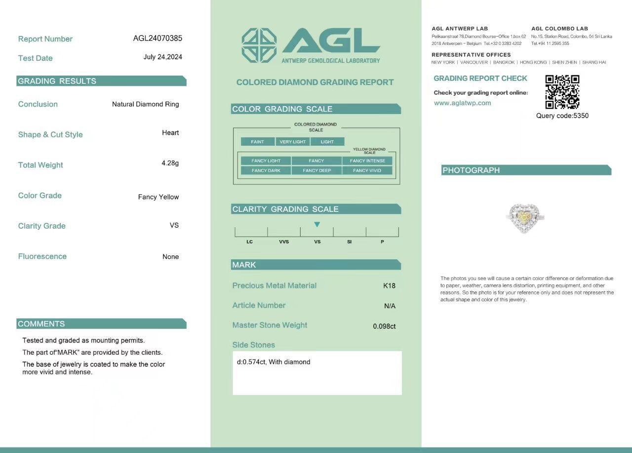 AGL Certified 0.098 Carat Fancy Yellow VS Clarity Diamond Ring For Sale 3