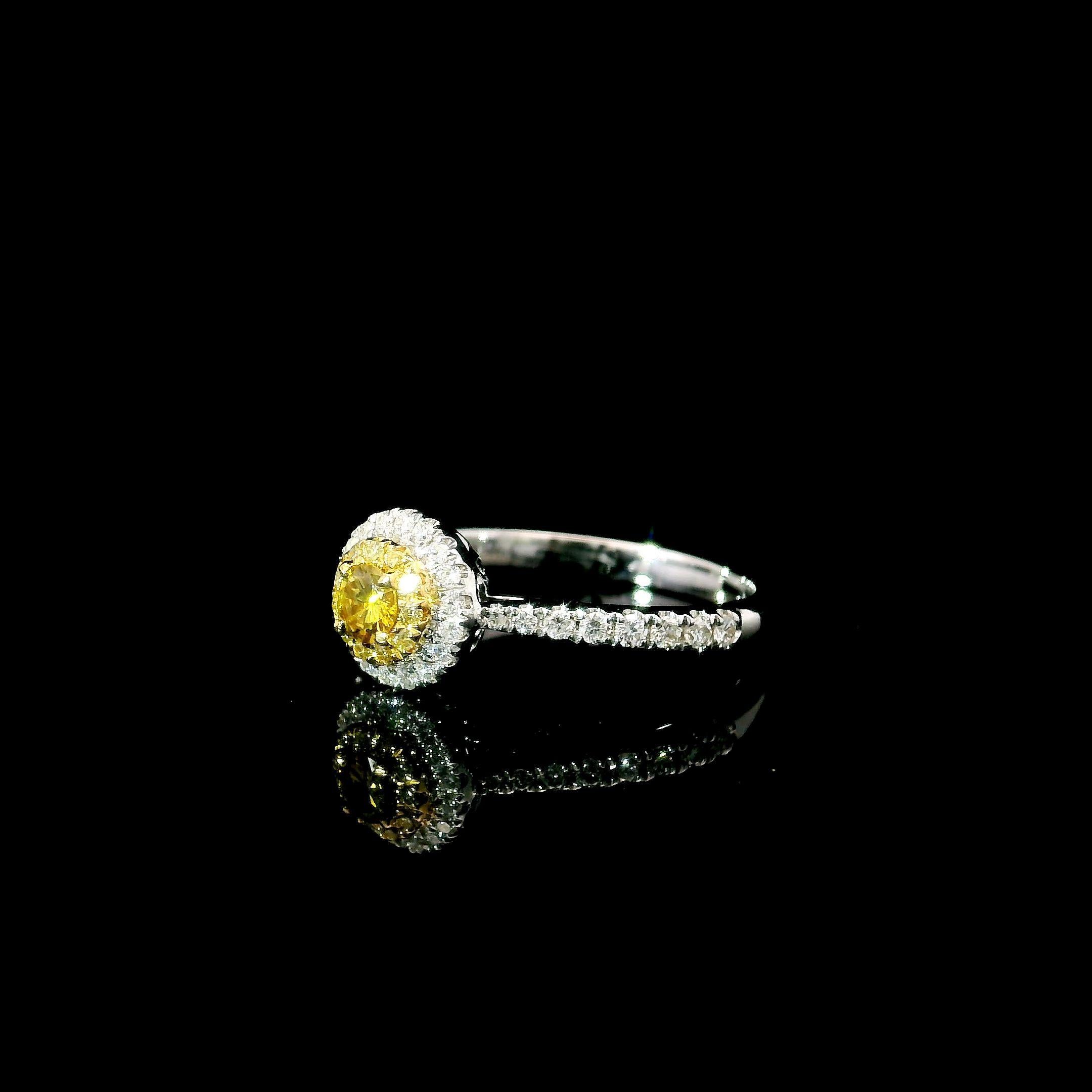 Round Cut AGL Certified 0.11 Carat Fancy Intense Yellow VS Clarity Diamond Ring For Sale