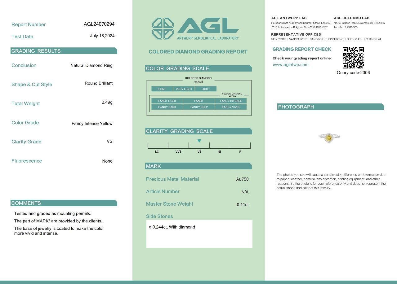 AGL Certified 0.11 Carat Fancy Intense Yellow VS Clarity Diamond Ring For Sale 3