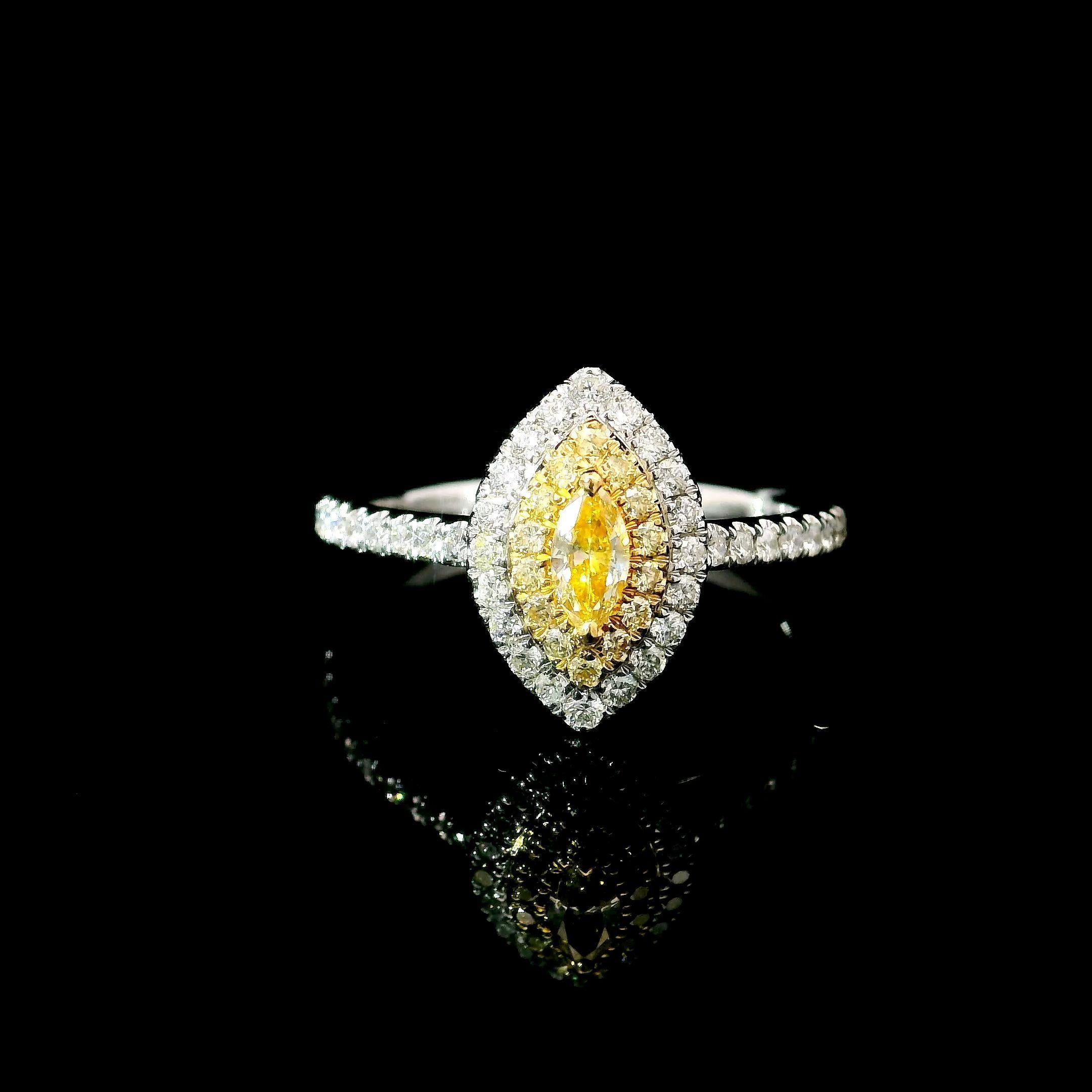 18kt white gold ring with diamonds
  
  Gold colour & karat: White gold 18kt
  Weight: 2.87 grams
  
  Set with-
  Stone type: Diamonds
  Shape: Cushion
  Carat: 0.12 ct
  Colour: Fancy Yellow 
  Clarity: VS
  
  Surrounding Stones: Diamonds
 1)