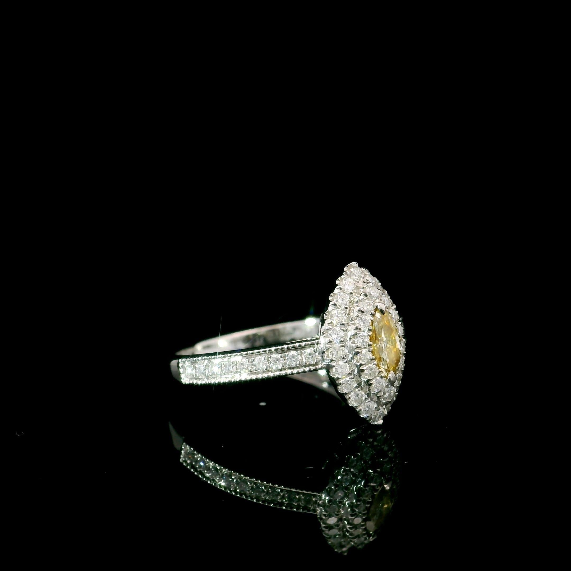 Marquise Cut AGL Certified 0.136 Carat Fancy Yellow VS Clarity Diamond Ring For Sale
