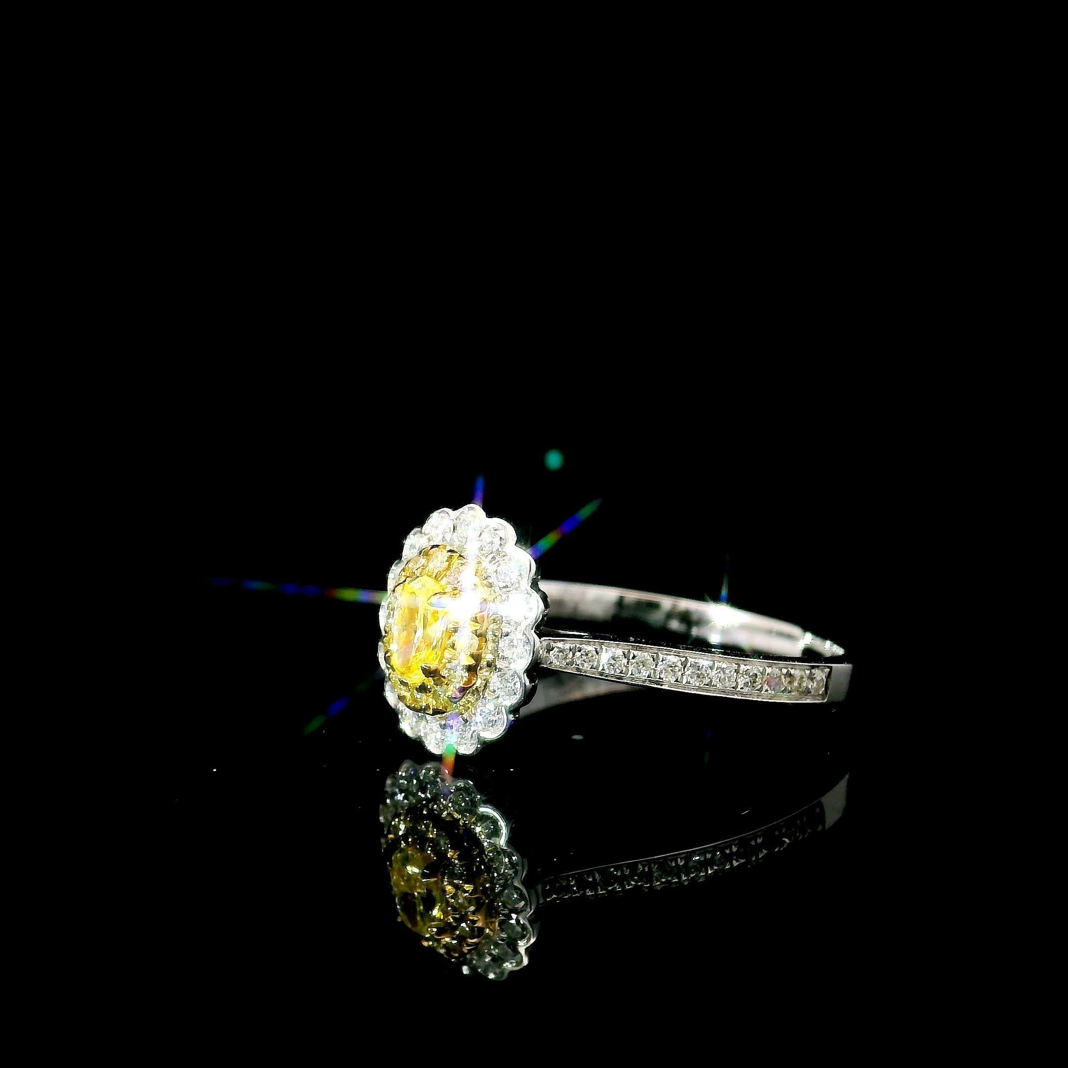 Oval Cut AGL Certified 0.137 Carat Fancy Yellow SI Clarity Diamond Ring For Sale