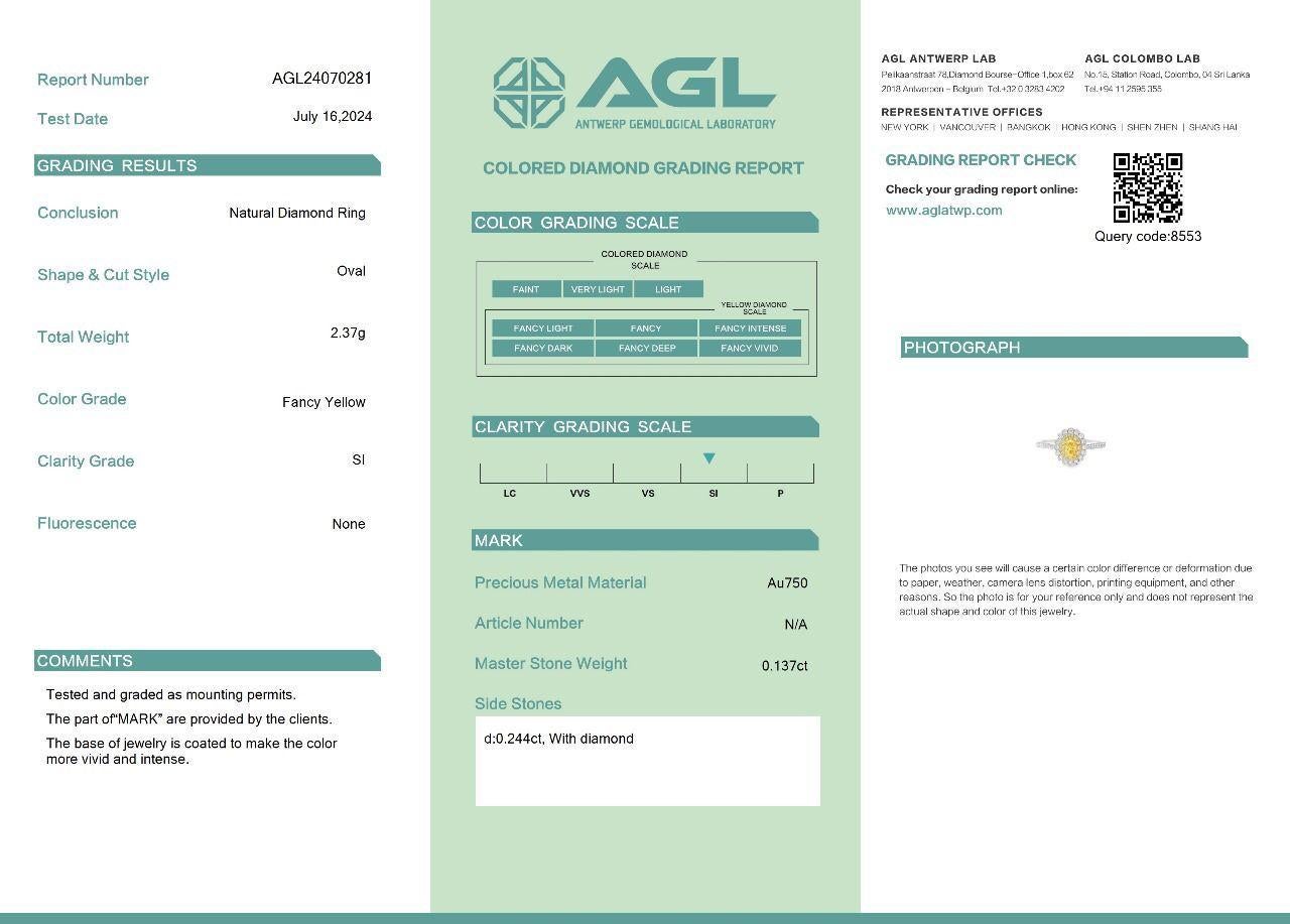 AGL Certified 0.137 Carat Fancy Yellow SI Clarity Diamond Ring For Sale 2