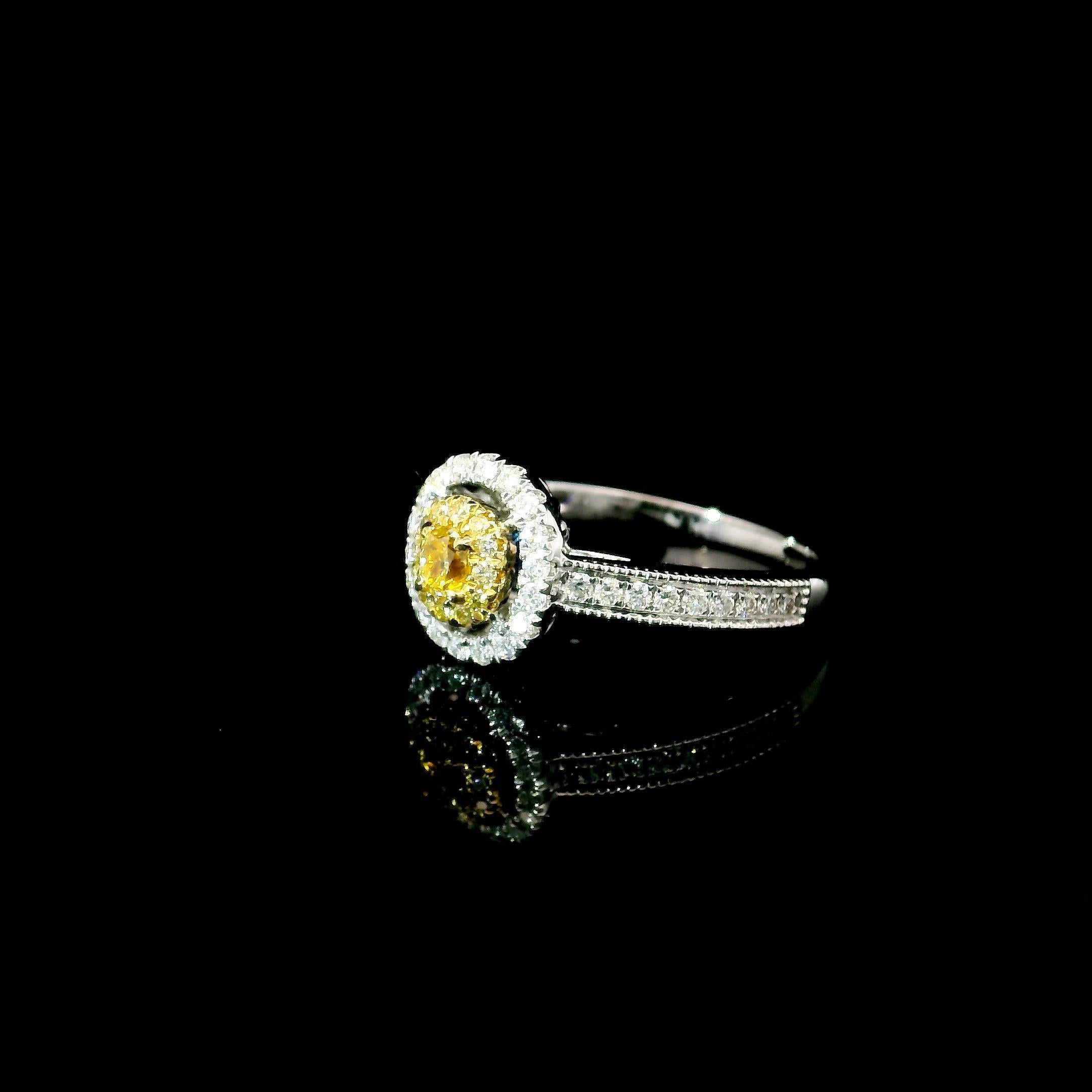 Cushion Cut AGL Certified 0.142 Carat Fancy Yellow VS Clarity Diamond Ring For Sale