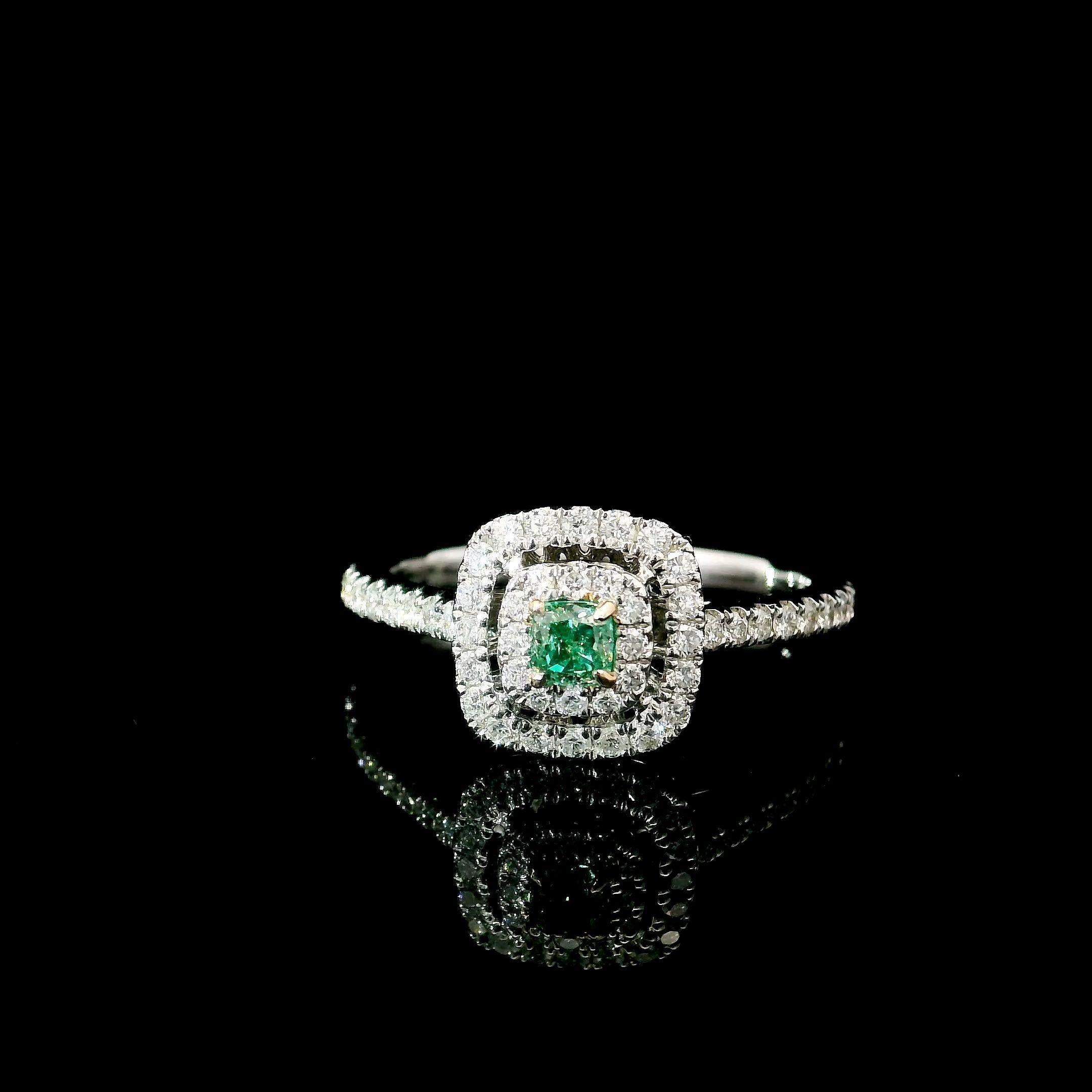Cushion Cut AGL Certified 0.157 Carat Fancy Green VS Clarity Diamond Ring For Sale