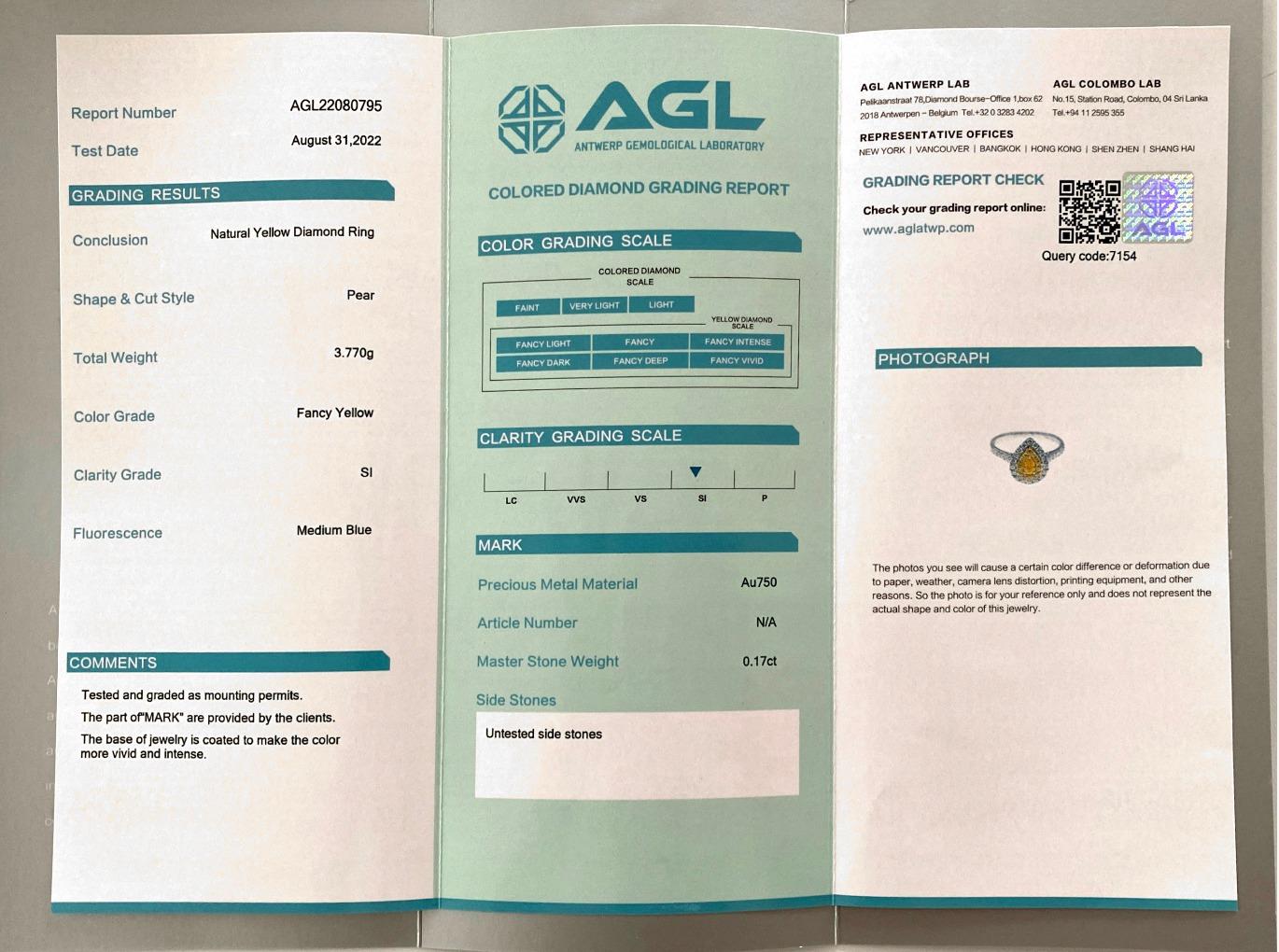 AGL zertifiziert 0,17 Karat Ausgefallener gelber Fancy-Diamantring SI Reinheit im Zustand „Neu“ im Angebot in Kowloon, HK