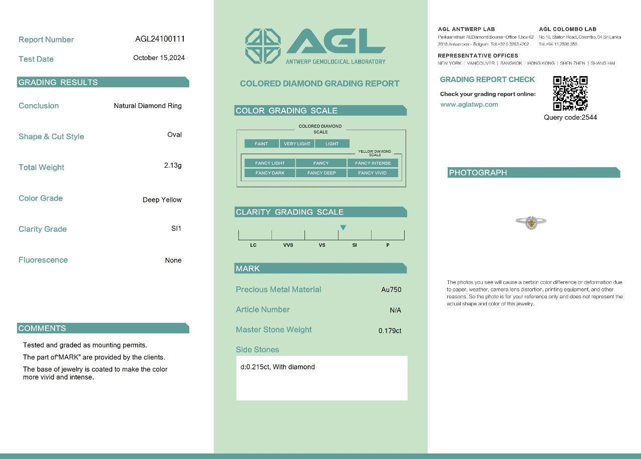 AGL Certified 0.179 Carat Deep Yellow SI1 Clarity Diamond Ring For Sale 3