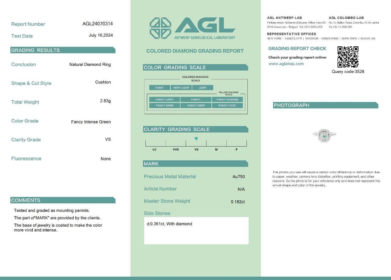 AGL Certified 0.182 Carat Fancy intense green VS Clarity Diamond Ring For Sale 3