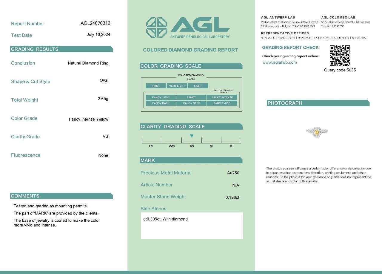 AGL Certified 0.186 Carat Fancy Intense Yellow VS Clarity Diamond Ring For Sale 3
