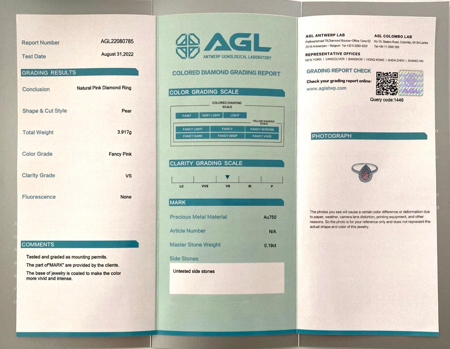 AGL Certified 0.19 Carat Fancy Pink VS Clarity Diamond Ring For Sale 3